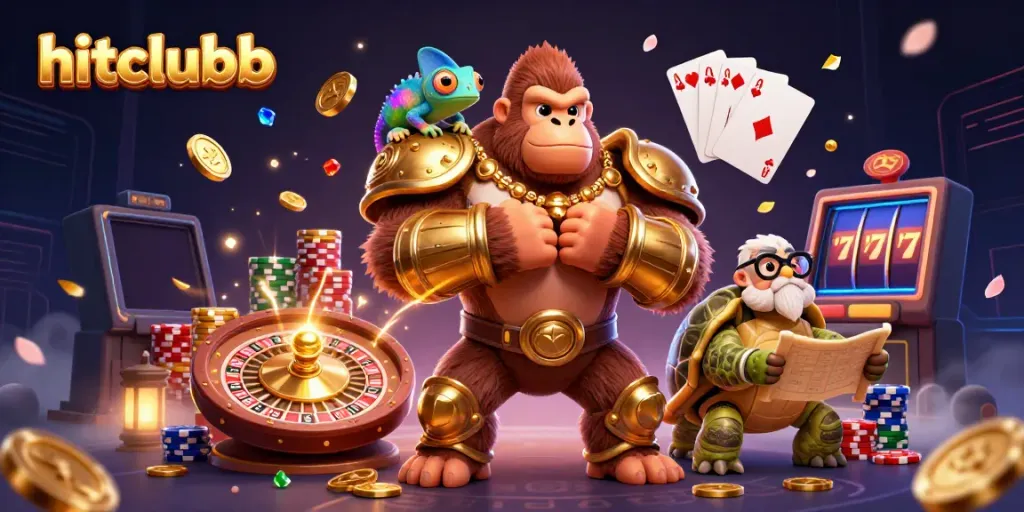 Engage with hitclubb, showcasing a vibrant 3D illustration of a casino scene filled with winnings, characters, and dynamic gaming elements.