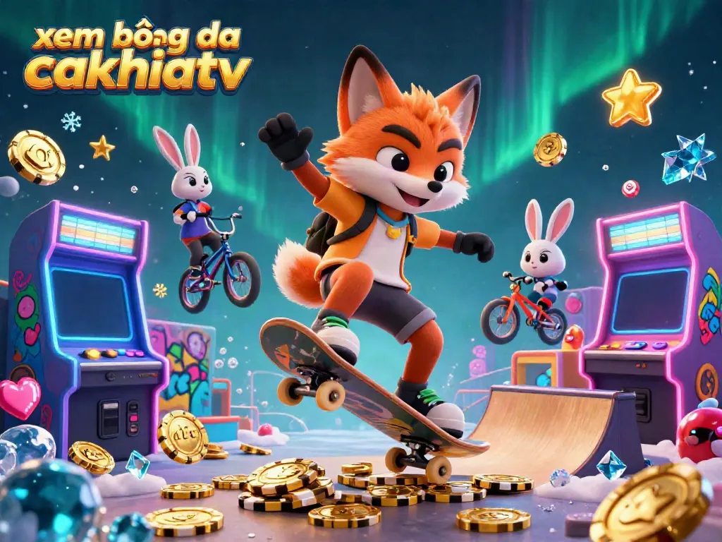 Experience xem bóng đá cakhiatv with vibrant casino-themed 3D illustration of characters and gaming elements.