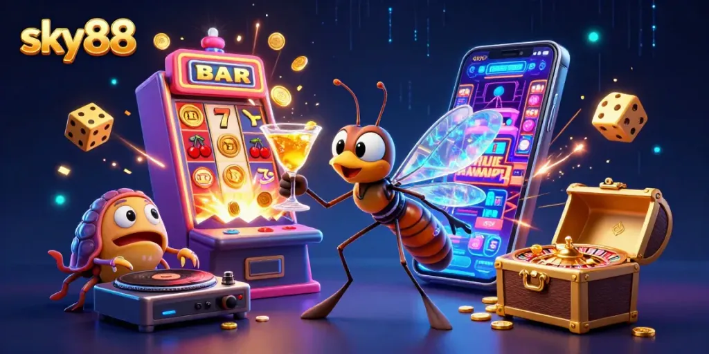 Experience thrilling gameplay at sky88 casino with a dynamic scene featuring a lively mascot and exciting gaming elements.