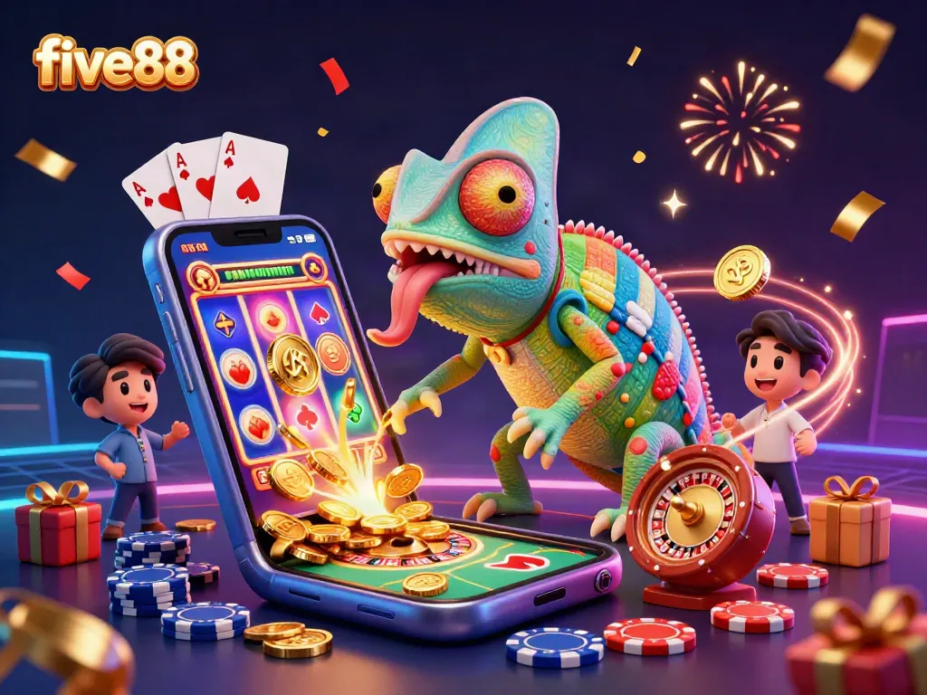 Engage with five88's vibrant casino scene featuring a charming chameleon and exciting gaming elements.