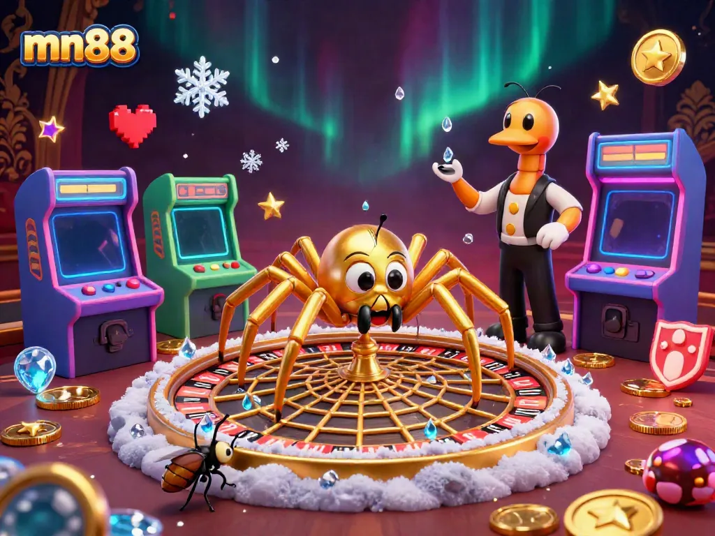 Bettors at mn88 place wagers amidst vibrant 3D casino visuals and a spider spinning a roulette web.