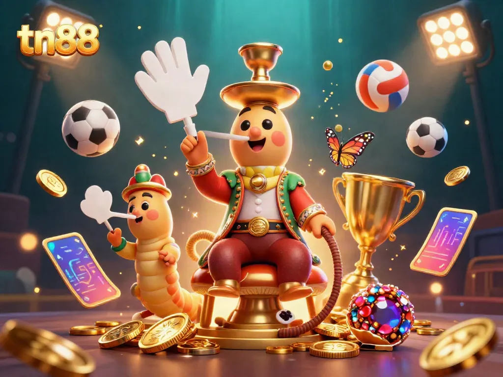Engage in thrilling gaming action with tn88, featuring an epic scene of a caterpillar hookah-master amidst vibrant casino elements.
