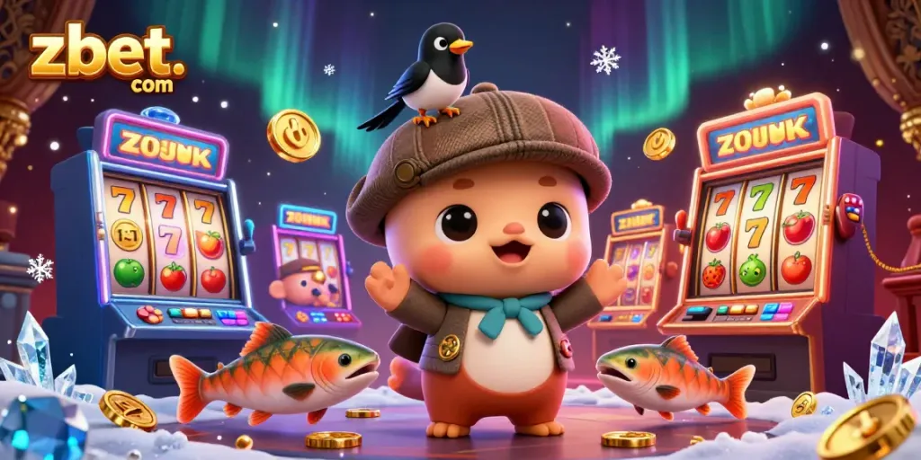 Experience thrilling gaming with zbet. com's vibrant casino atmosphere featuring mascot characters and slot machines.