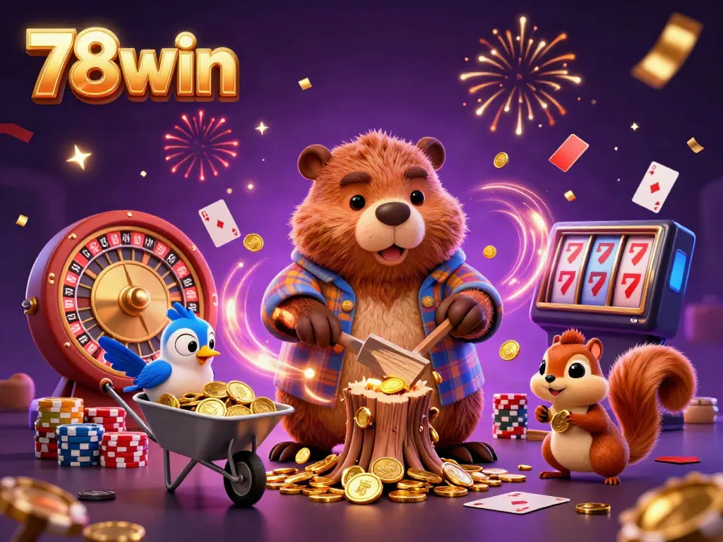 Experience the excitement of 78win with a vibrant 3D scene of a beaver and friends enjoying casino elements.