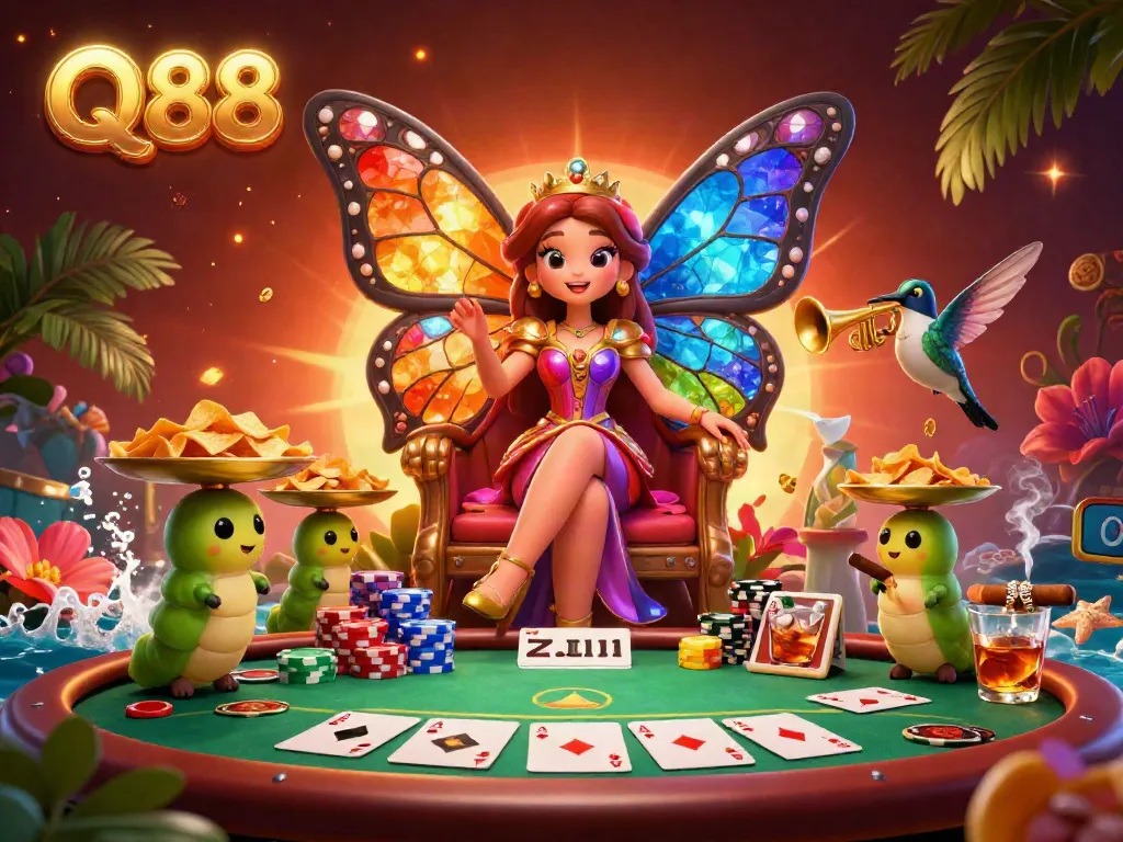 Experience the vibrant Q88 casino world with a butterfly queen, poker elements, and rich colors.