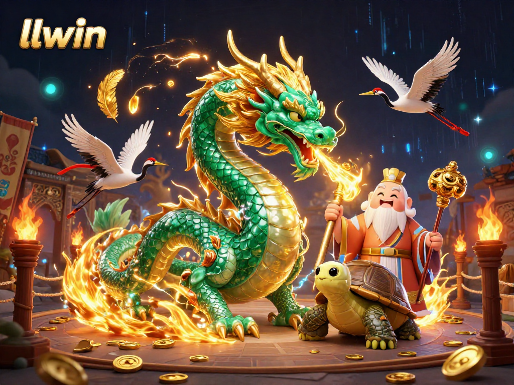 Engage with thrilling llwin casino action amidst a vibrant 3D dragon and turtle sage.