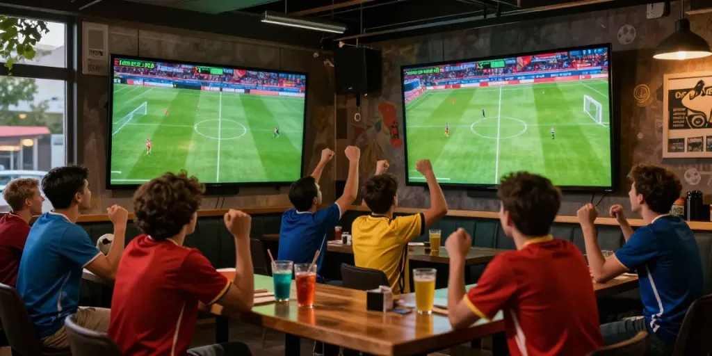 Fans enjoying a football match together while watching GavangTV in a lively sports bar atmosphere.