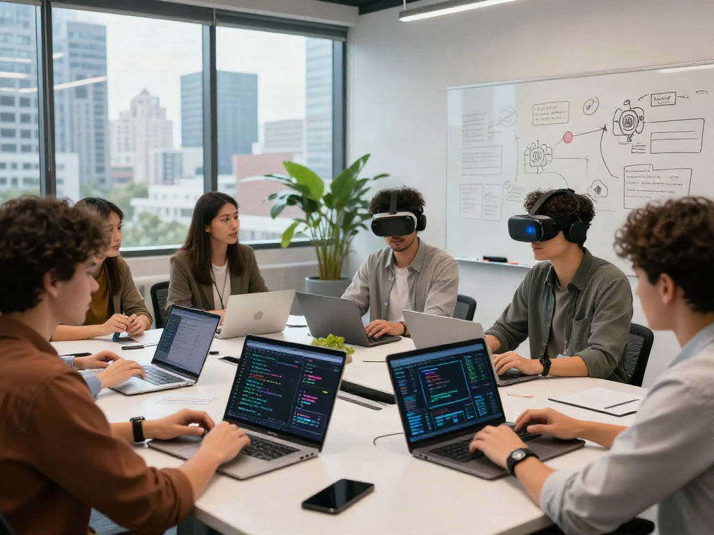 AI 18+ brainstorming session in a modern co-working space with diverse professionals.