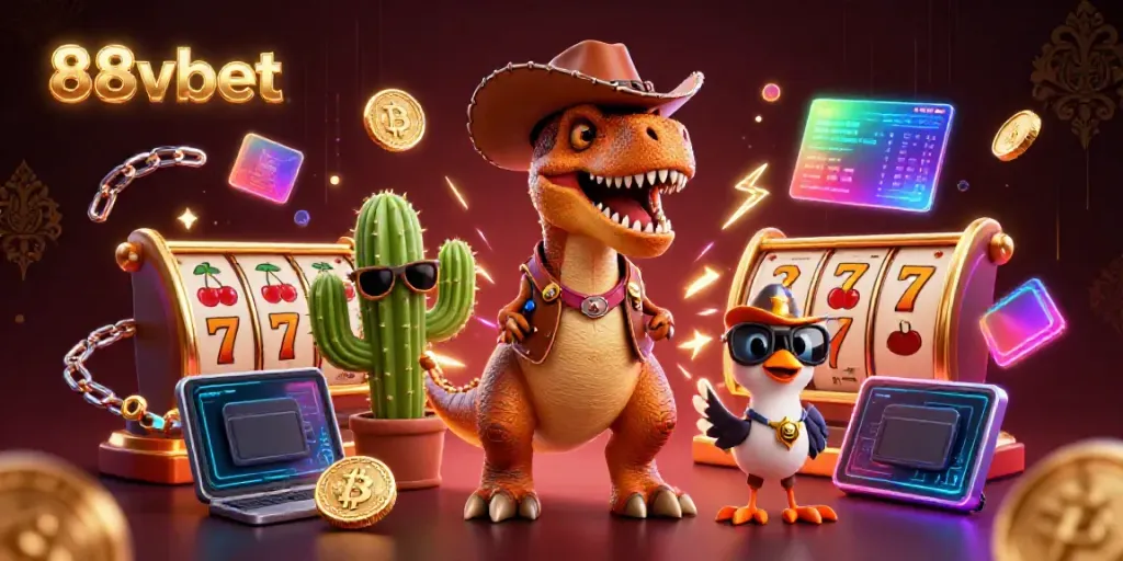 Engage with 88vbet in an electric casino environment featuring a cowboy dinosaur and neon coins.