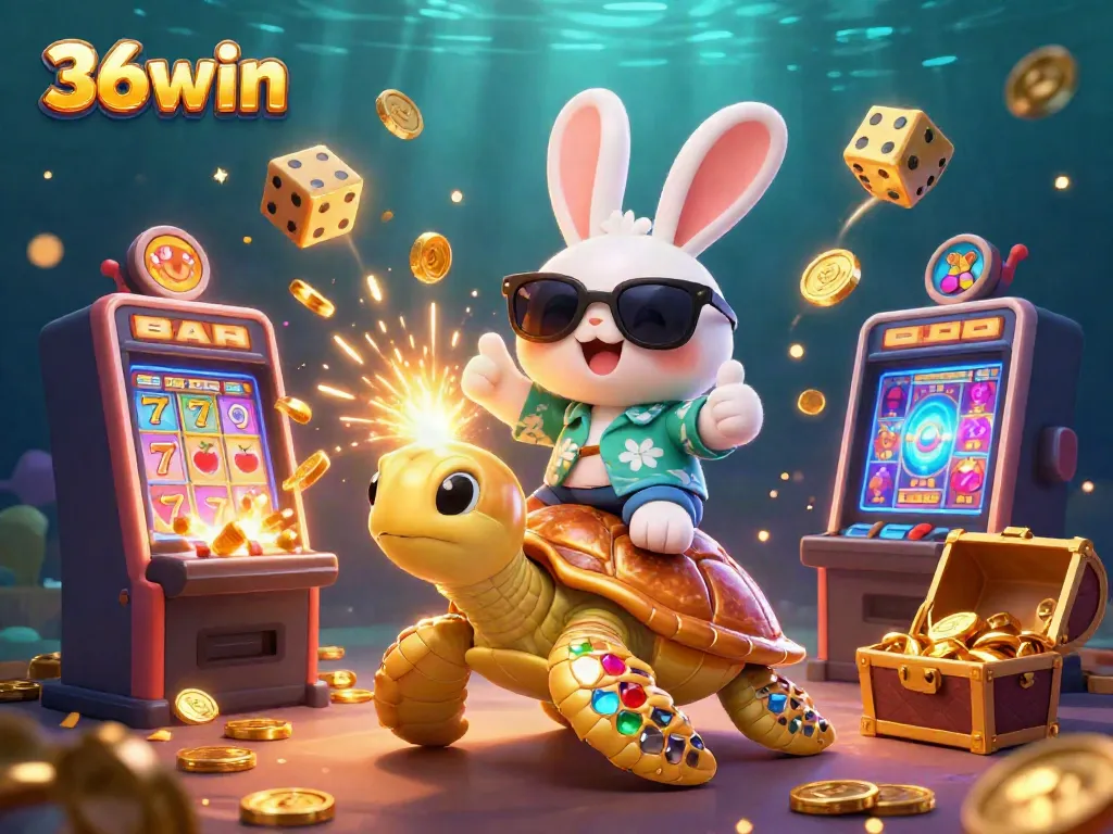 Experience thrilling wins at 36win with a lucky rabbit and golden turtle in this vibrant casino scene.