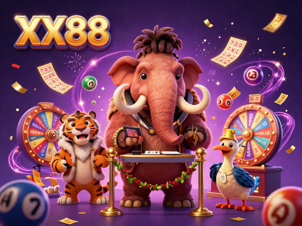 Experience excitement at XX88 casino with a vibrant scene featuring unique characters and dynamic gaming elements.