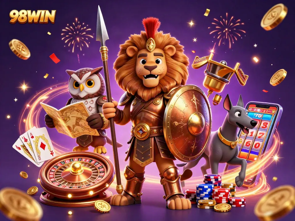 Experience thrilling gameplay at 98WIN with a vibrant illustration of casino action, showcasing exciting elements.