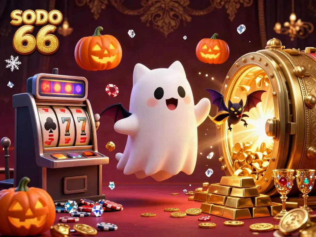 Engage your luck at SODO 66 with our vibrant casino-themed 3D illustration showcasing a friendly ghost cat and vampire bat.