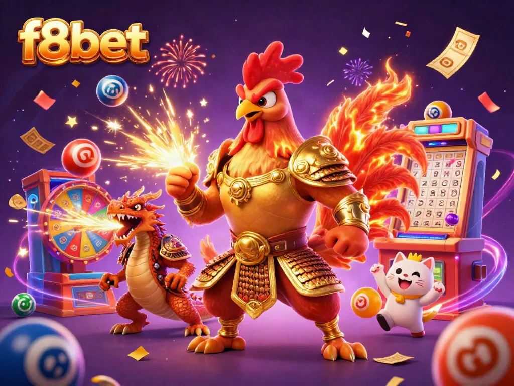Experience thrilling action with f8bet, featuring cartoon characters and vibrant lottery game elements.