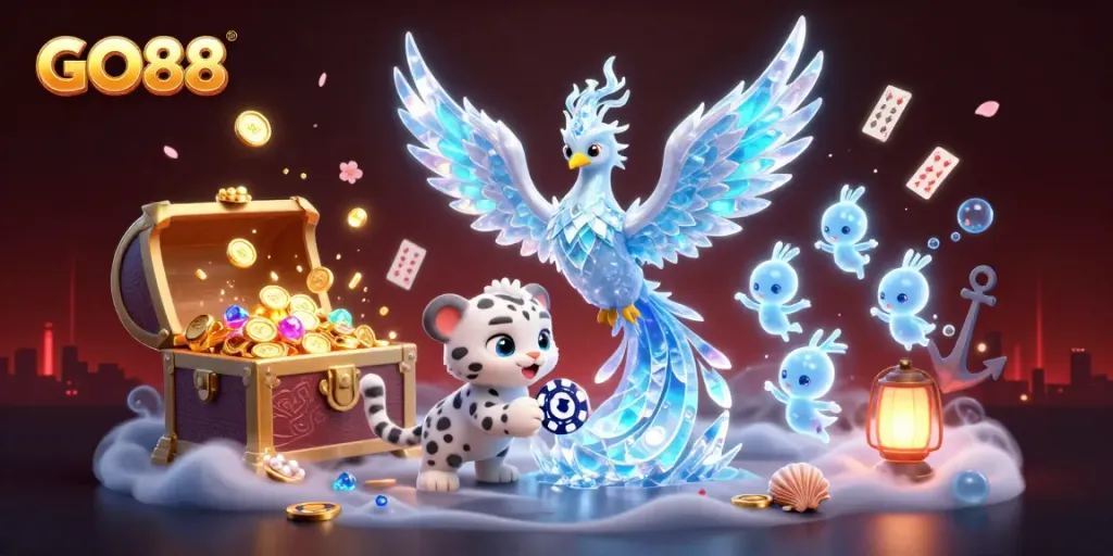 Engage with GO88’s vibrant 3D illustration featuring a phoenix, snow leopard, and ice sprites in a casino scene.