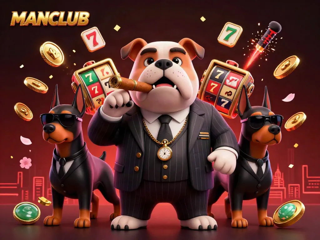 Experience the thrill of gambling with MANCLUB's dynamic casino scene featuring a mafia bulldog and his Doberman bodyguards.