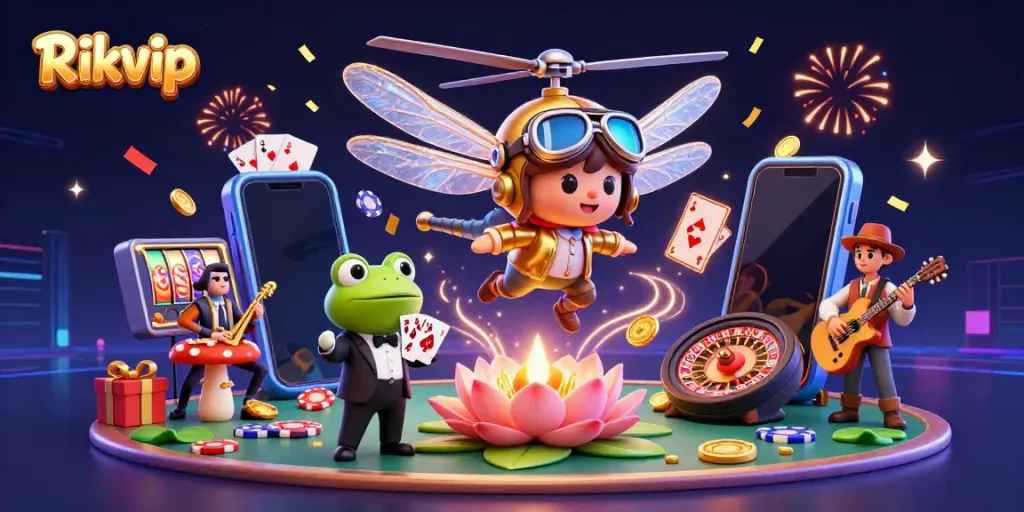 Experience excitement with Rikvip's dynamic casino scene featuring vibrant characters and games.
