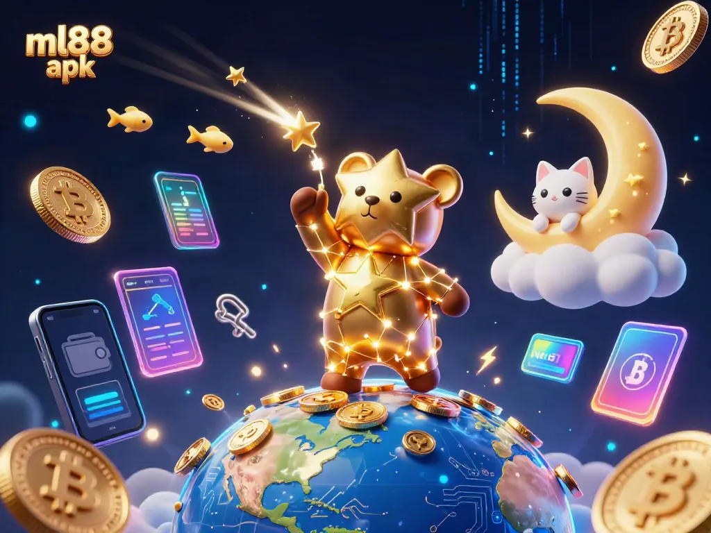 Spin and win with ml88 apk, featuring a 3D constellation bear and crypto elements in a vibrant casino scene.