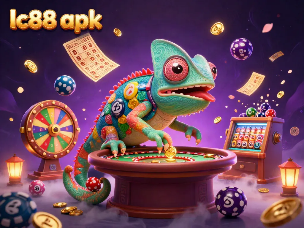 Join the action with the lc88 apk in a vibrant casino scene featuring a chameleon owner and lottery elements.