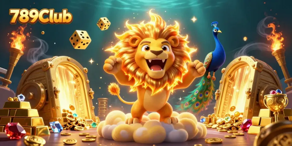 Experience the thrill of 789Club in this vibrant casino-themed illustration with golden treasures.