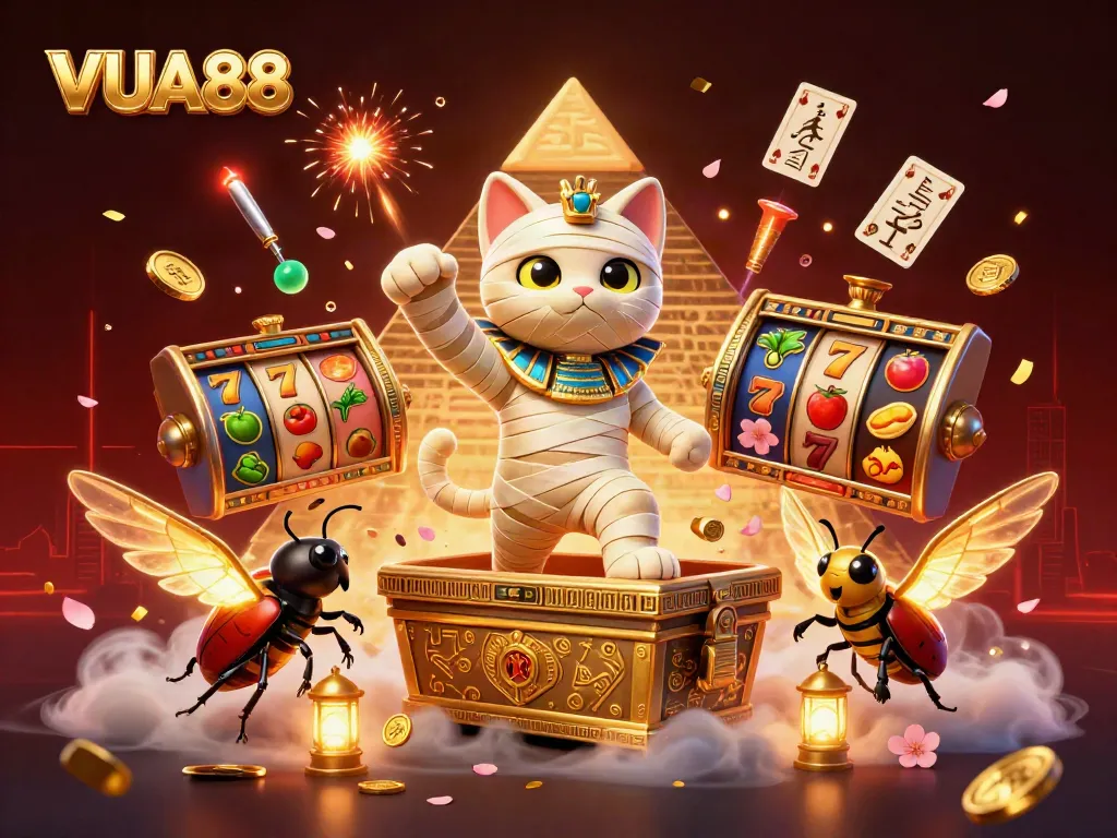 Experience thrills with VUA88 as an Egyptian mummy cat reveals jackpot slots in an ancient casino.