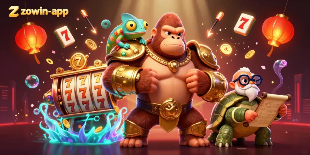 Engage with the thrilling world of zowin-app while exploring vibrant slot reels and dynamic characters.