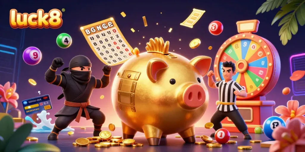 Experience thrilling wins with luck8 in this dynamic gaming scene featuring iconic gambling elements and characters.
