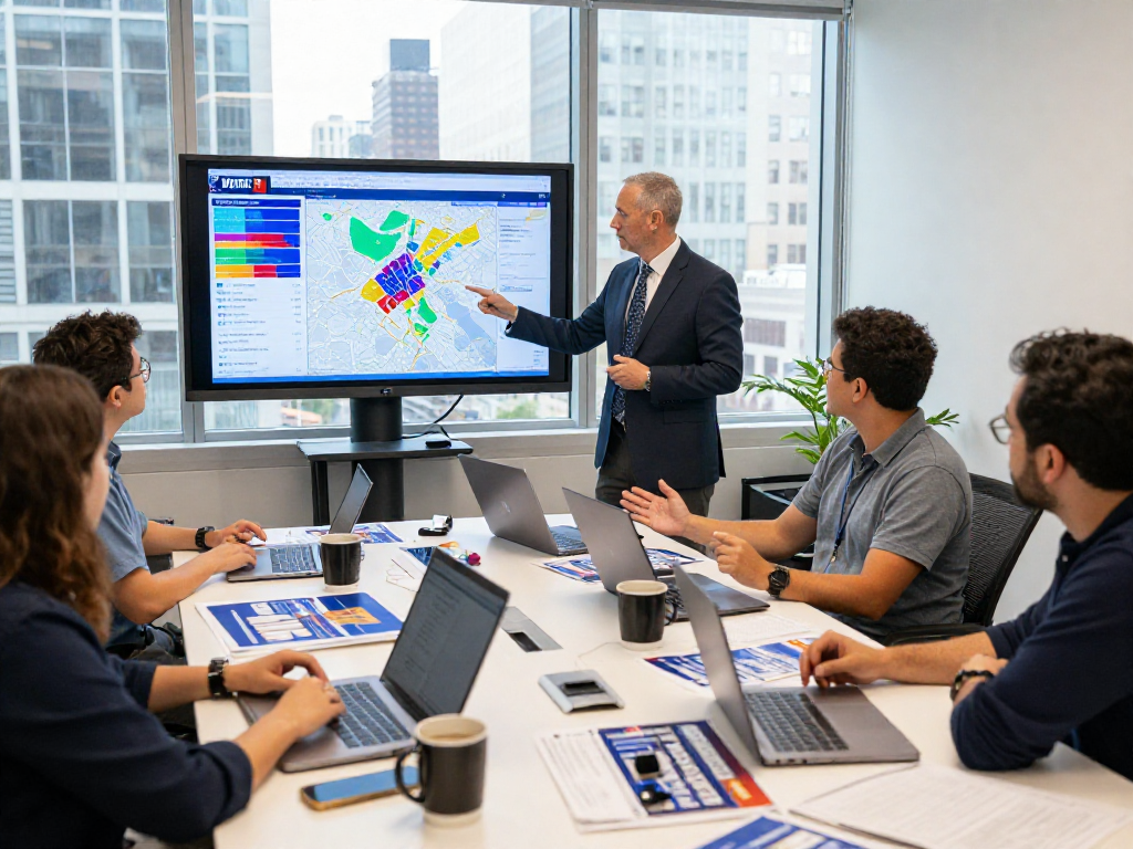 Engaged political team strategizing for mayoral campaign marketing in a modern office.