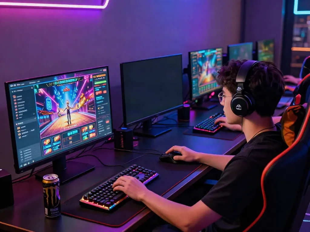 Engaged player on h19 com gaming setup with vibrant casino interface and dynamic gaming peripherals.
