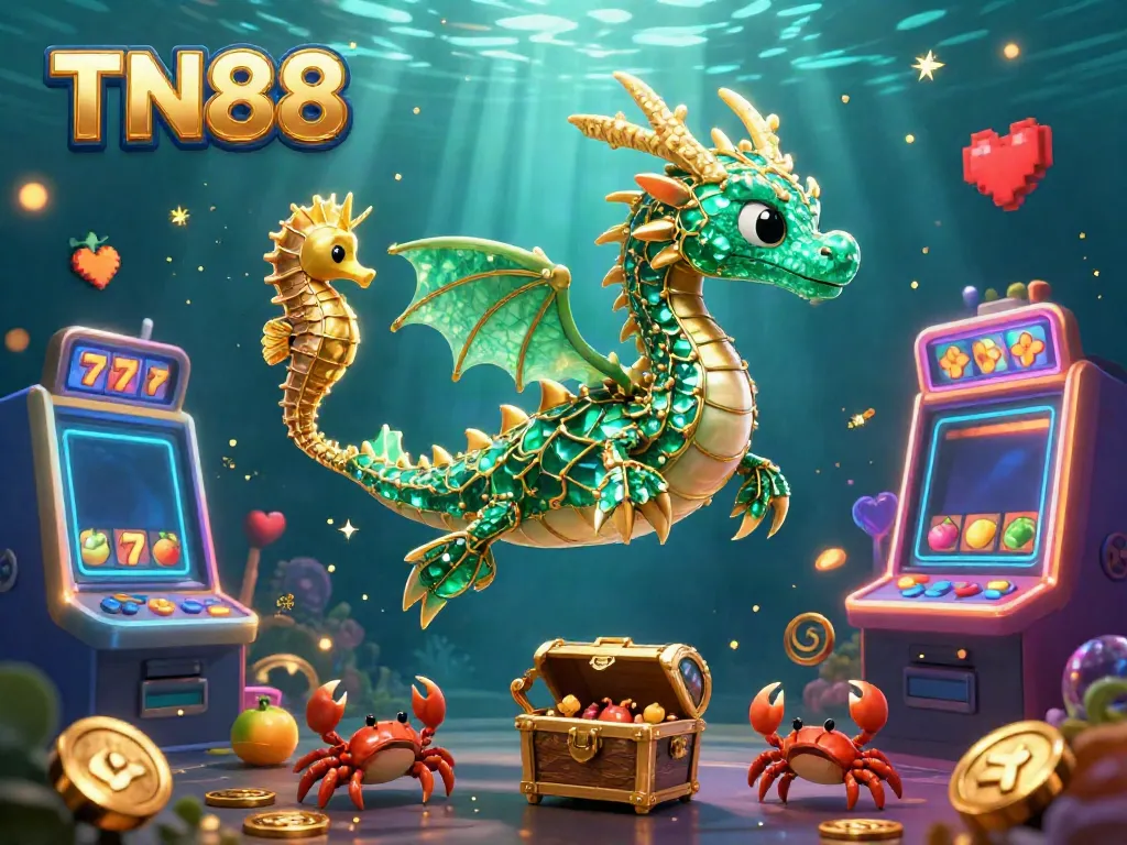 Win big at TN88 with this vibrant scene featuring a sea dragon amid slot machines.