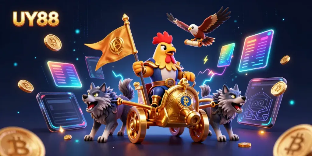 Experience UY88 with a dynamic scene of a rooster warlord and gold chariot surrounded by cryptocurrency elements.