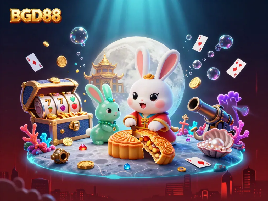 BGD88 features a moon rabbit with poker chips amid vibrant casino elements, showcasing exciting gameplay.