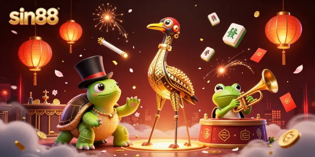 Spin and win at sin88 in this vibrant 3D casino scene featuring unique characters and exciting game elements.