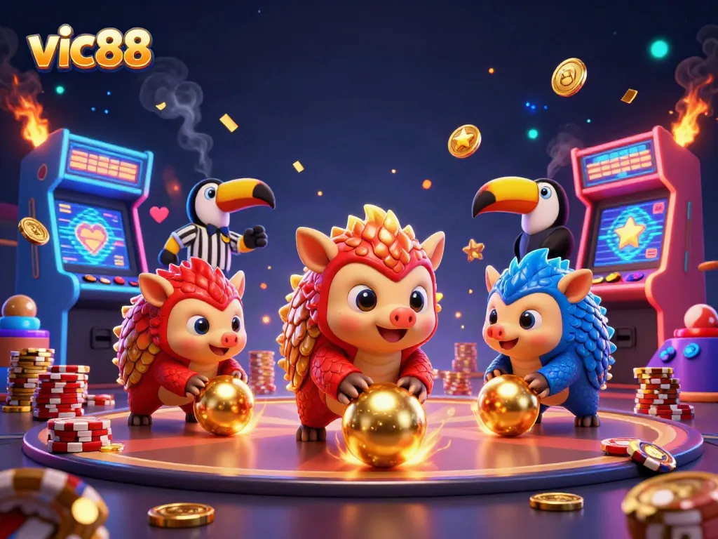 Vic88 pangolins rolling into golden balls while bowling through poker chips in an engaging casino scene.