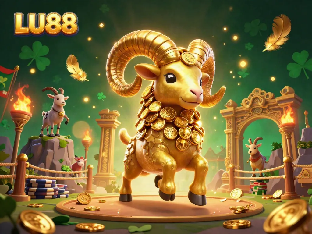 LU88 showcases a golden ram charging through a vibrant sports betting arena filled with coins and elements.