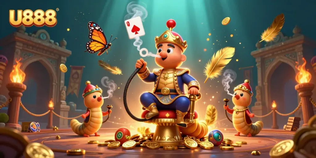 Experience the excitement of U888 with a vibrant 3D casino scene featuring unique characters and elements.