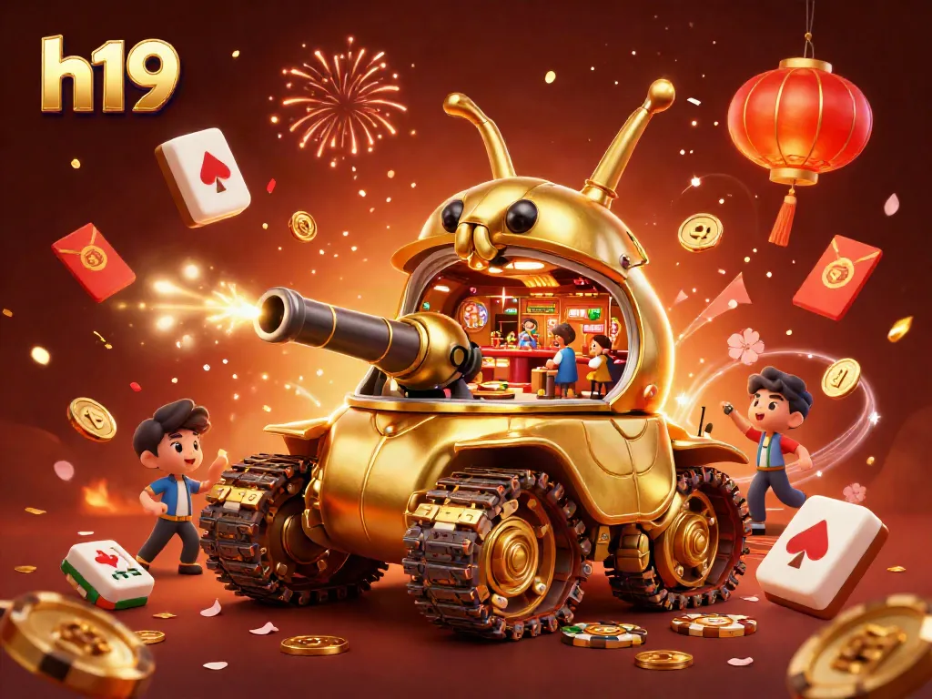 Experience the excitement of h19 with the vibrant 3D casino scene featuring a golden beetle tank and festive elements.