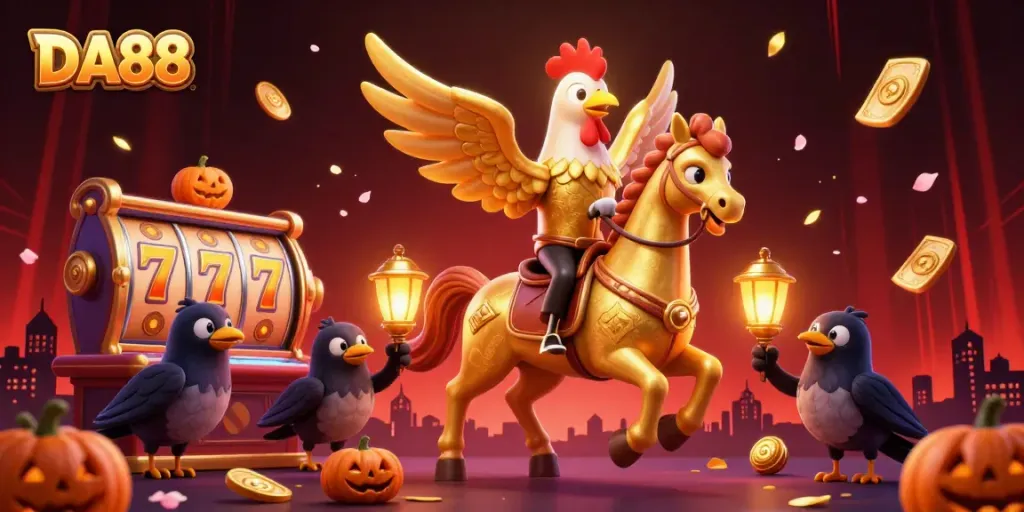 Experience the thrill of DA88 as golden rooster characters unveil fortune in a vibrant casino.