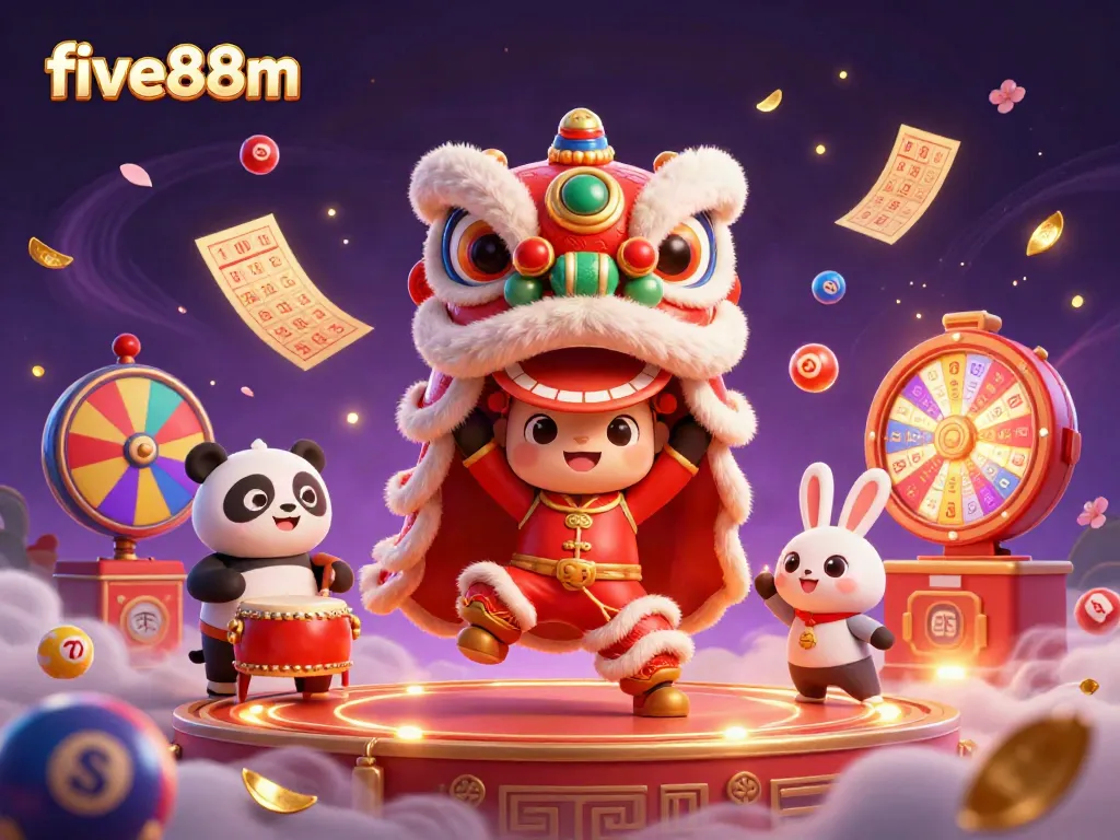 Join the excitement with five88m's vibrant casino-themed 3D illustration featuring festive characters and gaming elements.