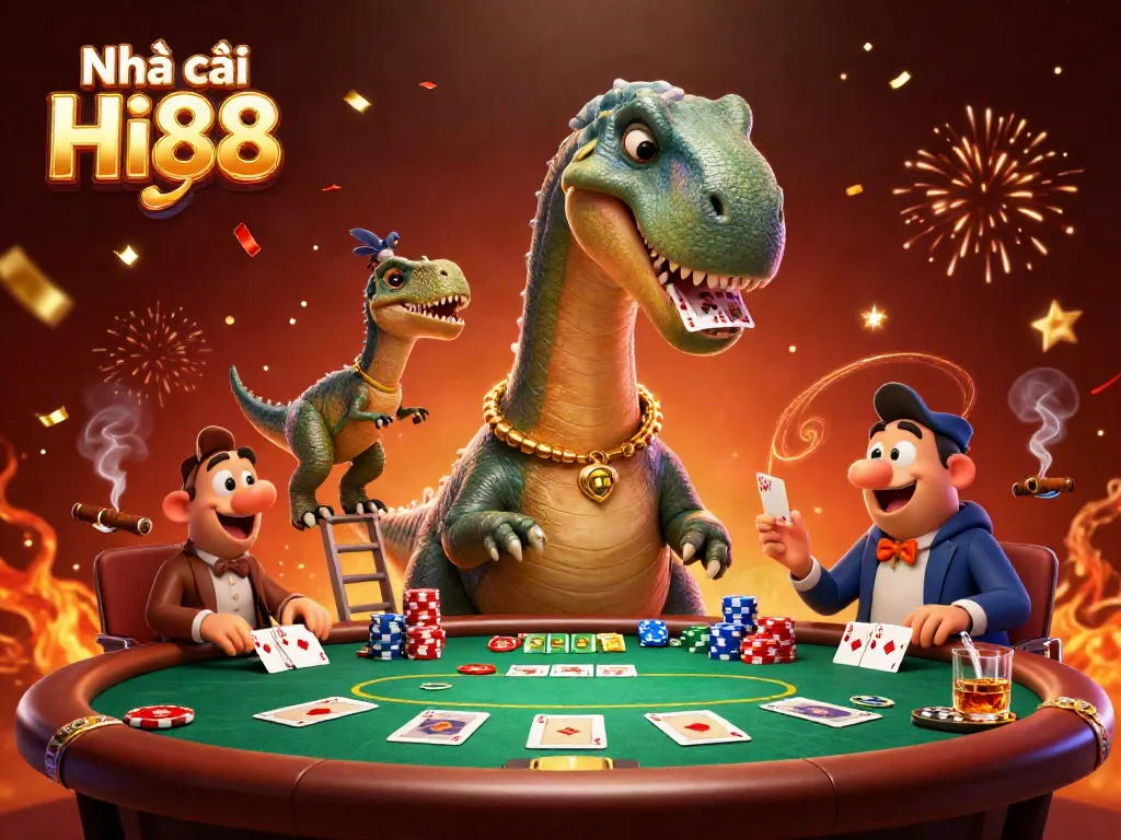Engage with Nhà cái Hi88 as cartoon dinosaurs host an energetic poker game with vibrant casino elements.