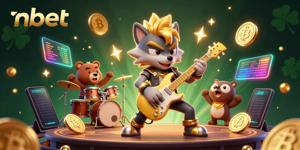 Experience thrilling nbet gambling action with a cartoon rock star wolf and drummer bear in a vibrant casino scene.
