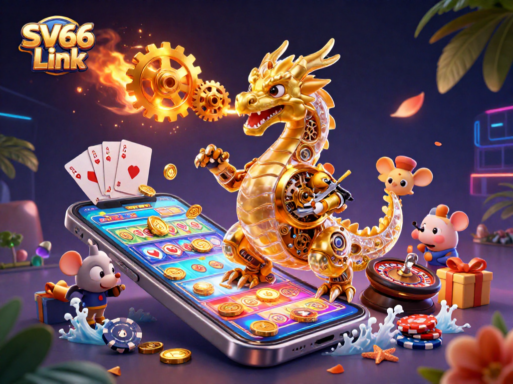 Spin to win at SV66 Link with a dynamic 3D illustration of a golden dragon and slot game elements.