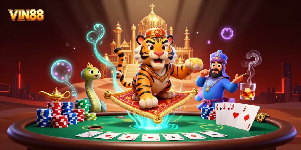 Experience the thrill of VIN88 with a lively 3D scene featuring a tiger sultan, poker elements, and enchanting details.