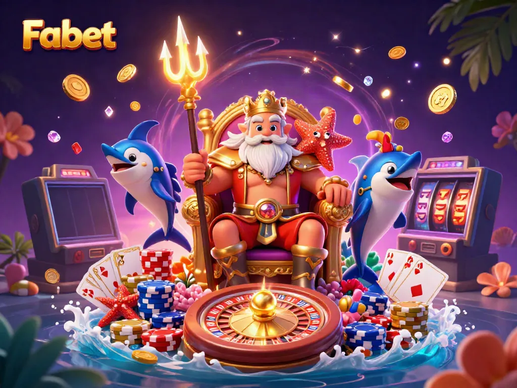 Fabet invites players to win big with a spectacular ocean-themed visual of Neptune and treasures in a vibrant casino.
