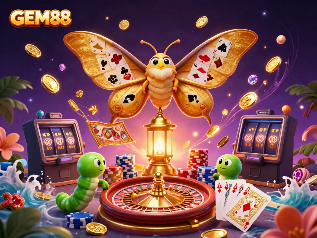 Experience the excitement of GEM88 with a vibrant casino scene featuring enchanted characters and dynamic game elements.