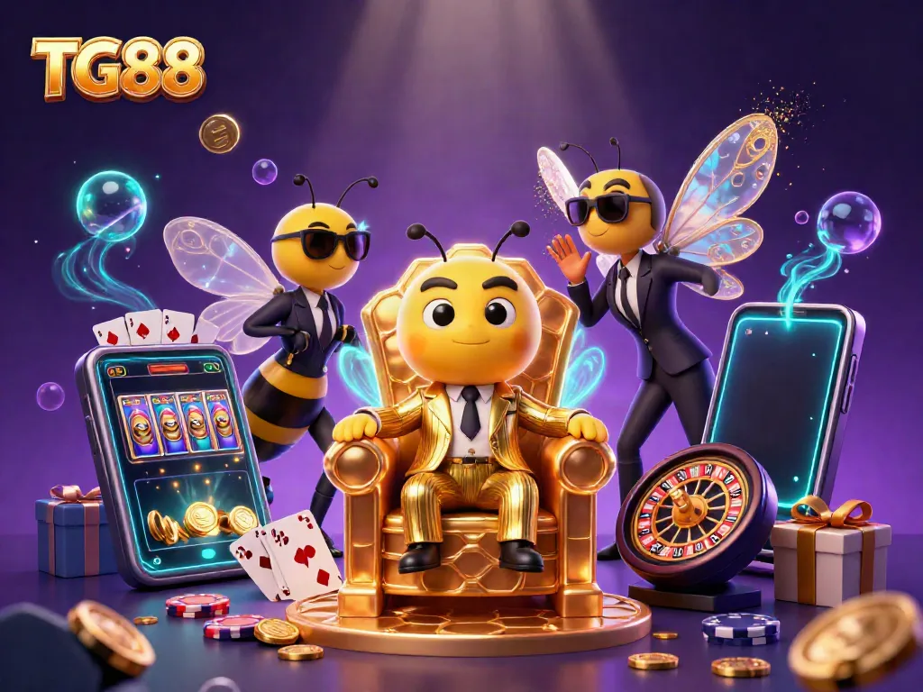 Experience the rich casino universe of TG88 with a dynamic scene featuring a cartoon bumblebee mob boss and slot games.