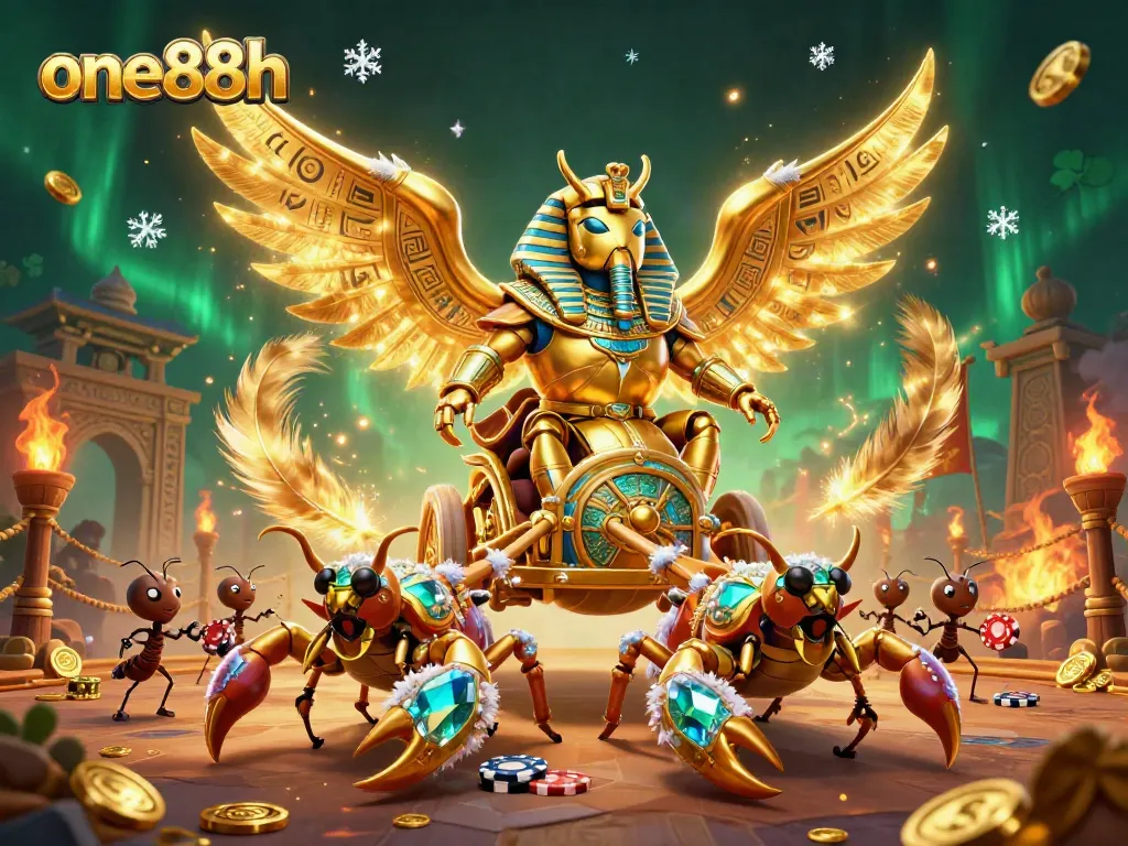 Engage with one88h's thrilling casino adventure featuring a golden scarab beetle and poker chip action.