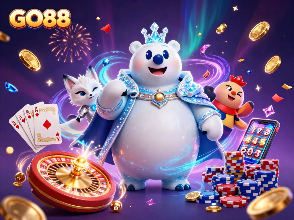 Experience GO88's thrilling dynamics with a vibrant scene of gaming excitement and royal flair in 3D.
