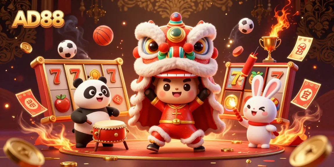 Experience thrilling casino action with AD88's vibrant lion dance and dynamic gambling elements.