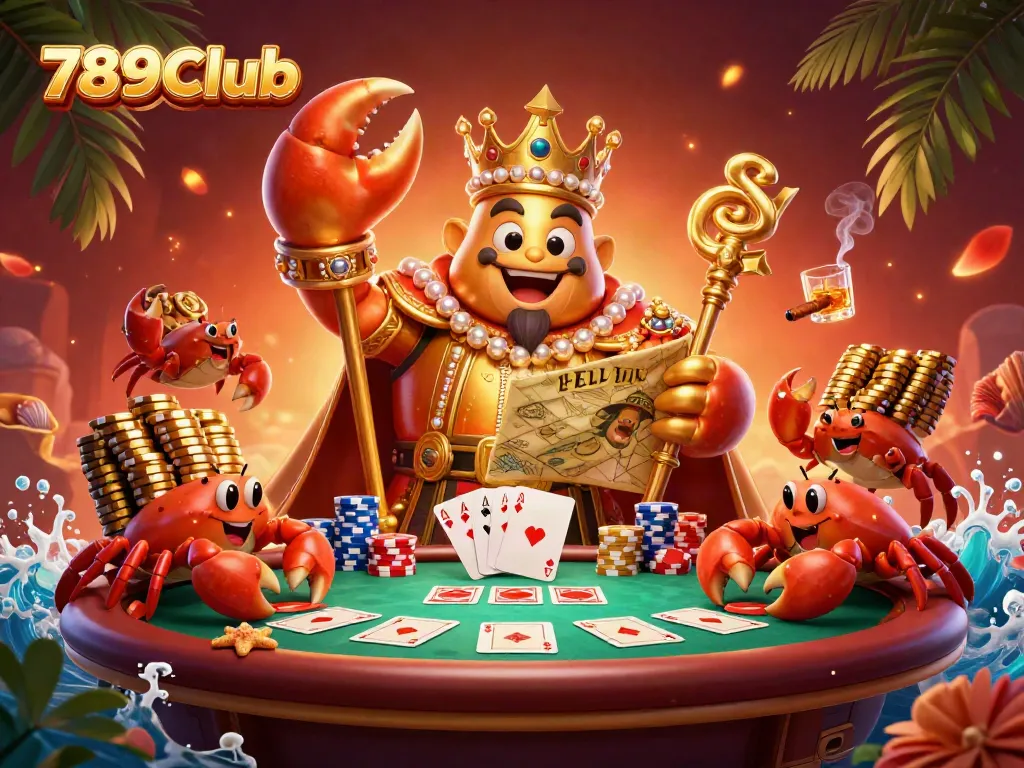 Play poker and win big with 789Club's vibrant casino experience featuring a golden crab emperor.